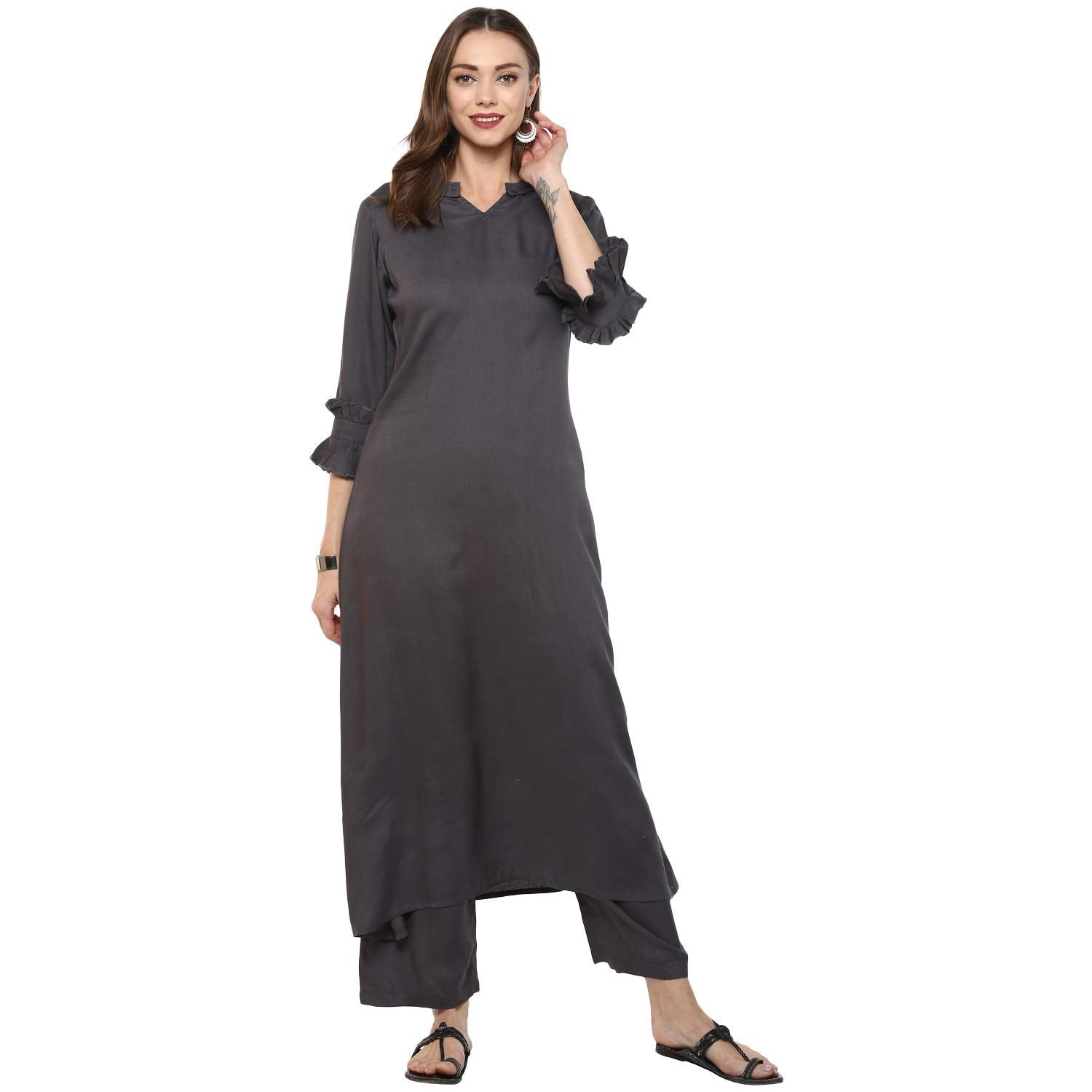 idaLia Rayon Solid A-Line Grey Kurta Set for Women Stylish Boat Neck Design Kurta Set with Palazzo Pant Set for Wedding & Festiv