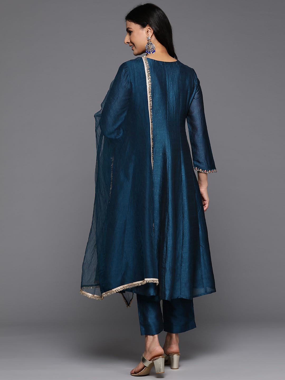 Varanga Women Blue Zari And Thread Embroidered A-Line Kurta With Bottom And Dupatta