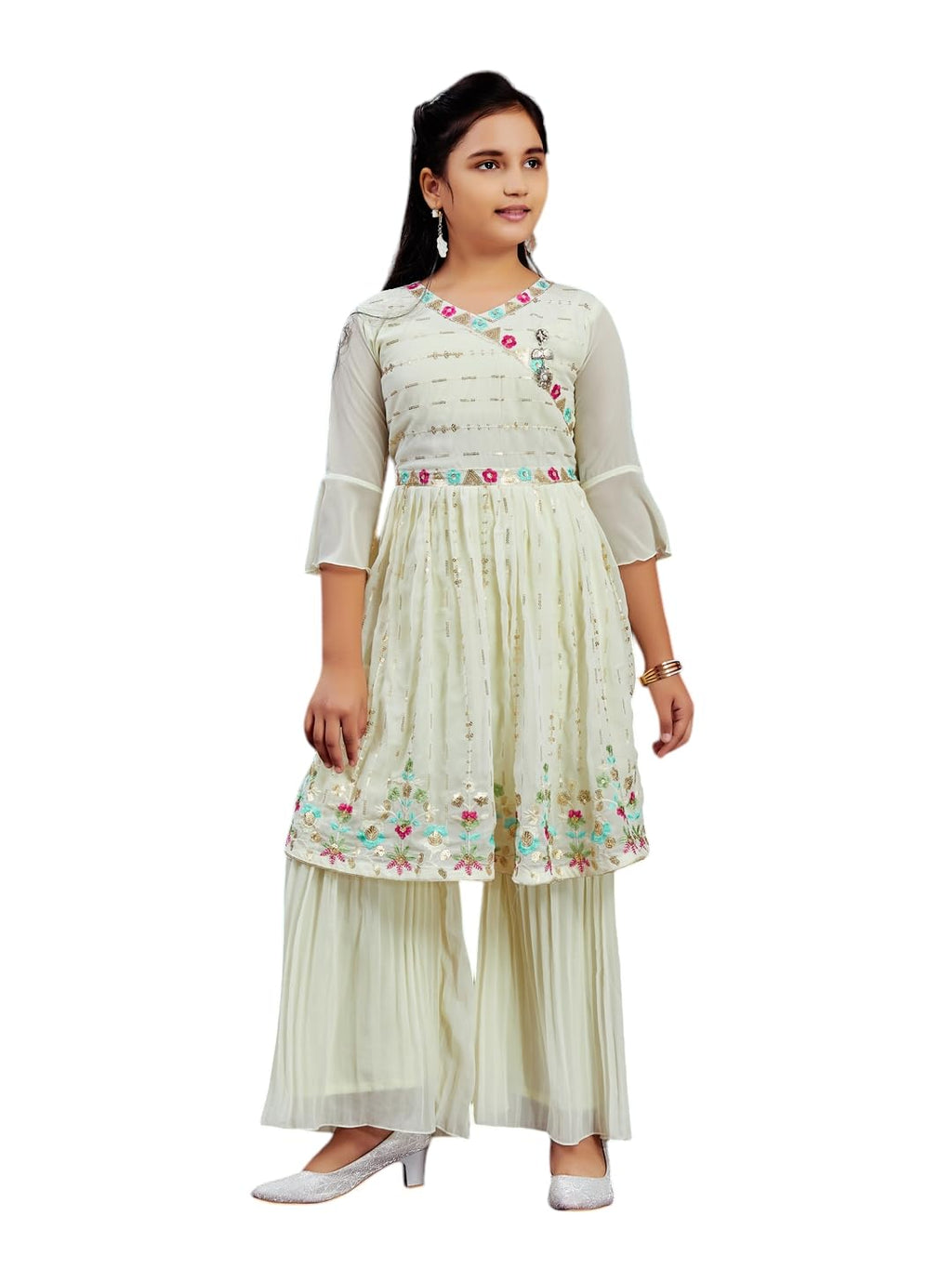 Aarika Girls Ethnic Wear Cream Colour Sequins Thread Embroidery Georgette Kurti Sharara Set (5-11 Years)