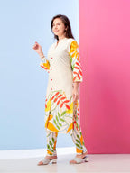 Aarika Girls Ethnic Wear Cream Colour Floral Print Khadi Cotton Kurti Pant Set-8-15 Years (Kp-Tr-K-977)