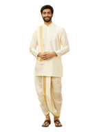 Manyavar Mens Cream Art Silk Solid Kurta Pancha Set