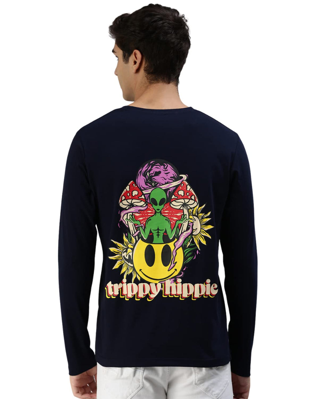 Veirdo Men's Cotton Full Sleeve Round Neck Trippy Hippie Graphic Printed T-Shirt