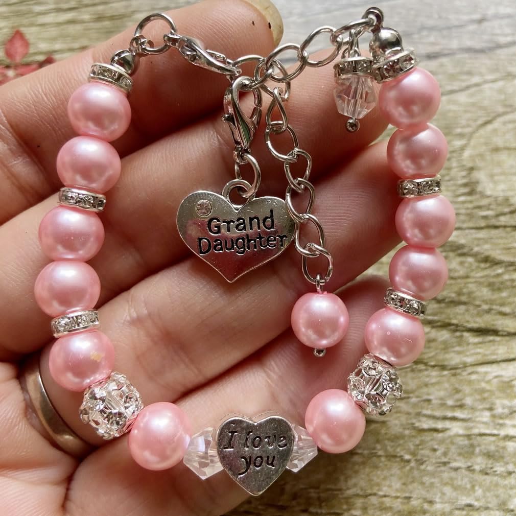 DOLON Pink Glass Pearl Color Crystal I Love You Heart Granddaugther Bracelet Jewelry Back to School Birthday Christmas Holiday G