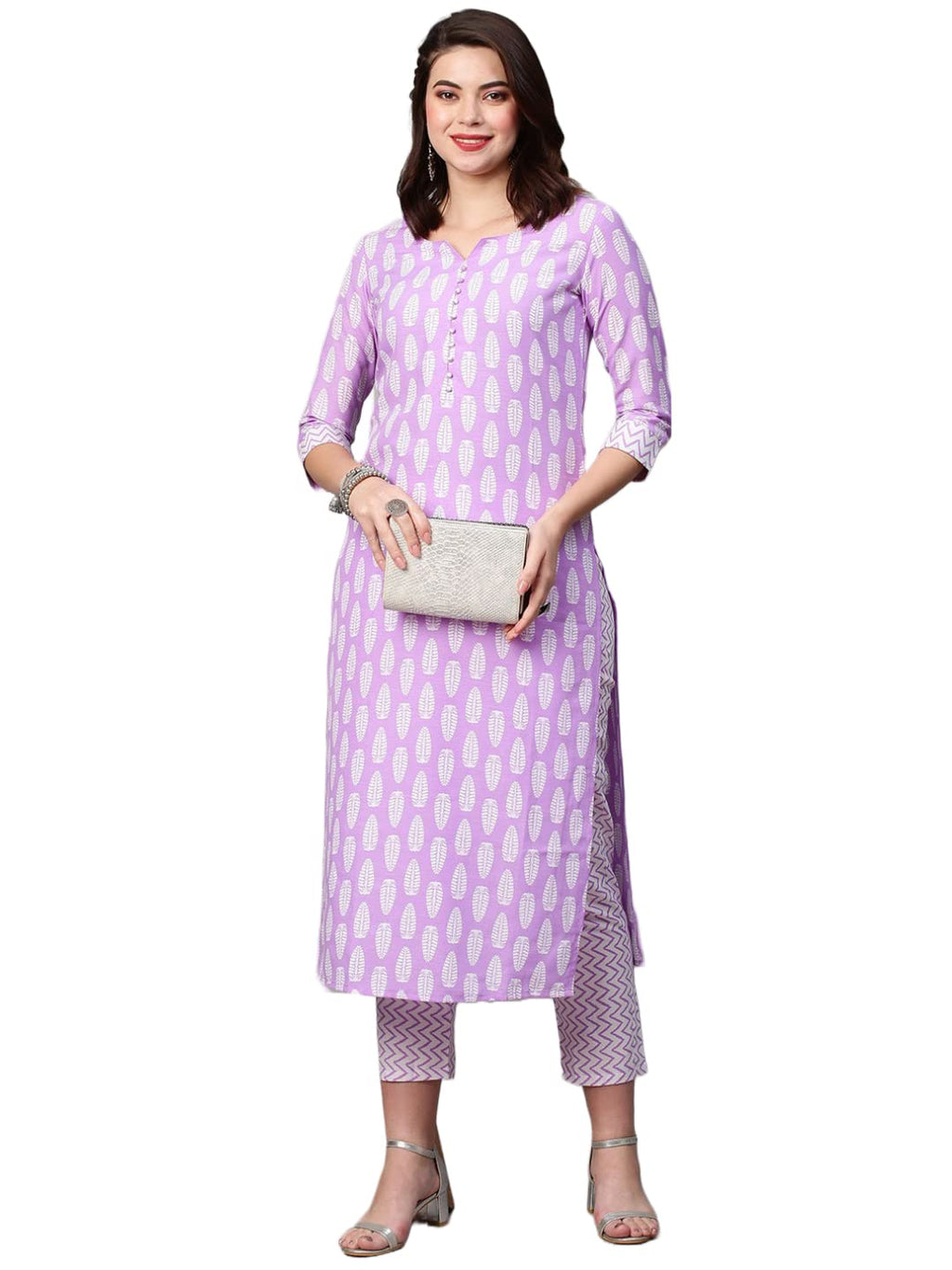 ANNI DESIGNER Womens Cotton Blend Traditional Straight Printed Kurta with Pant Set (Danapa Purple-FBF001_S_Purple_Small)