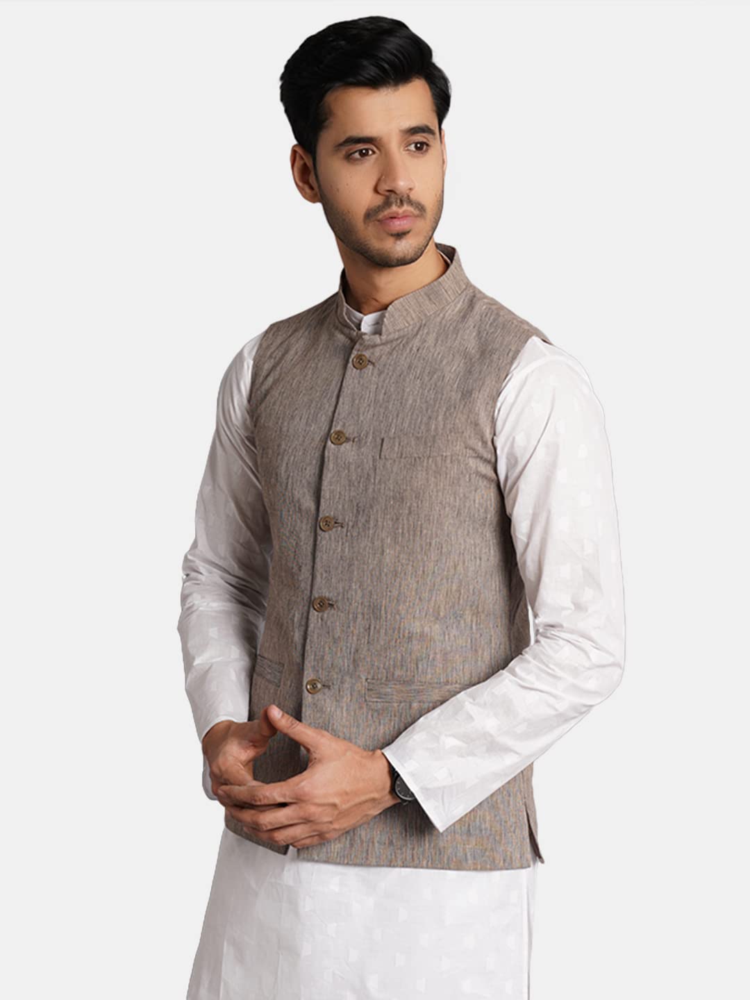 Wintage Cotton Brown Solid Modi Nehru Jacket: Medium