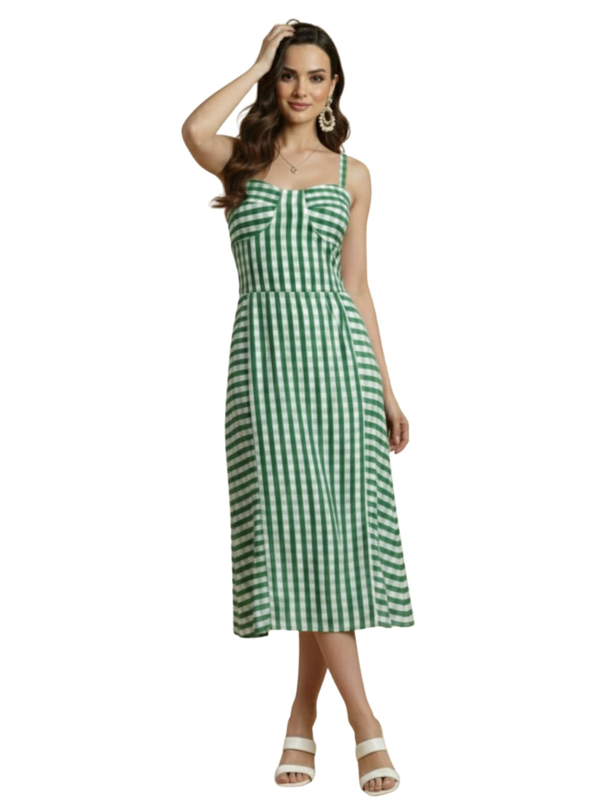 Aahwan Green Fit And Flare Gingham Check Shoulder Ties Slim Fit Midi Cami Dress For WomenS & GirlS(376GreenL)