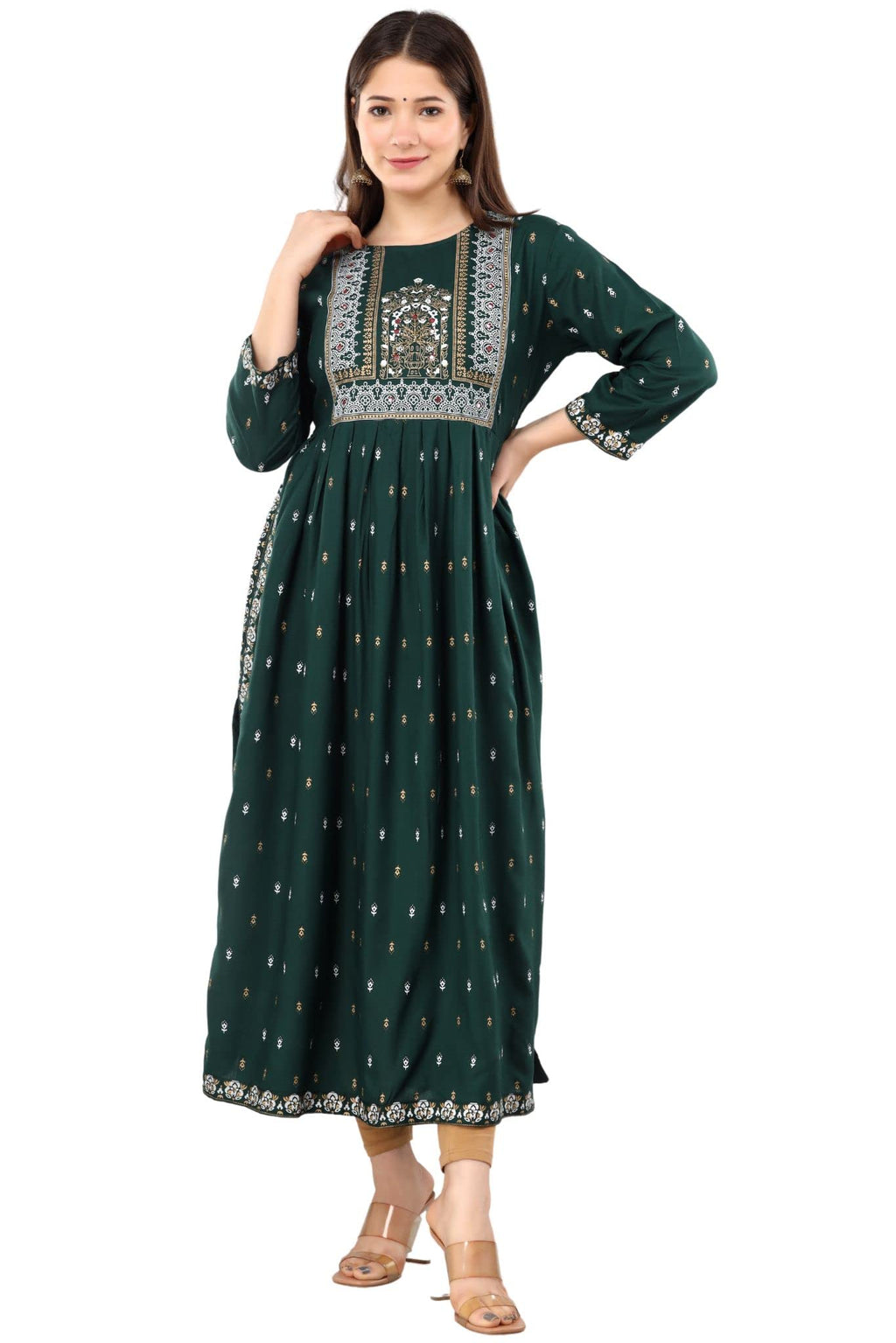 rytras Womens Rayon Printed Flared Kurti(Green,S)