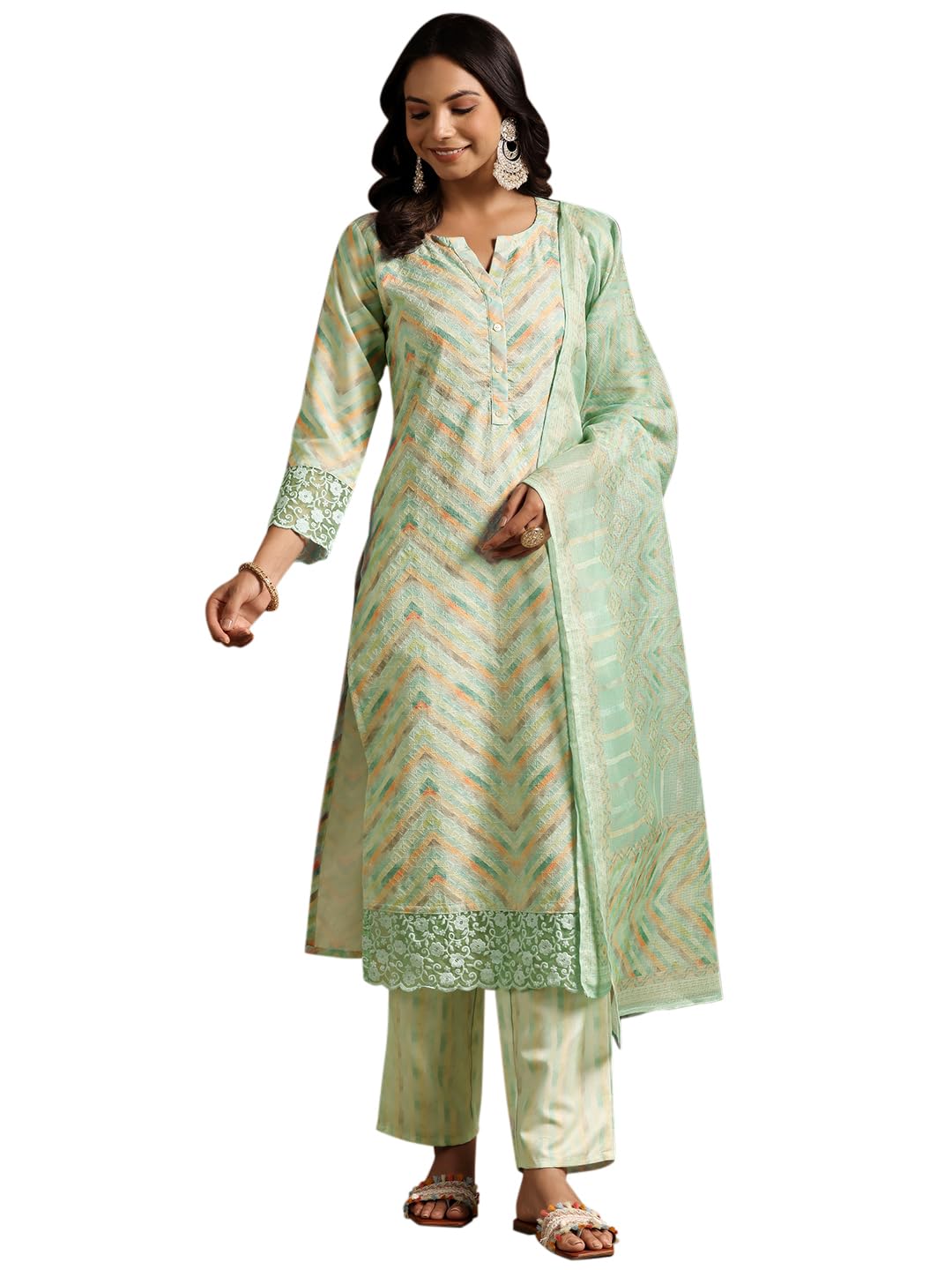 Libas Womens Embroidered Cotton Blend Straight Kurta With Palazzos And Dupatta