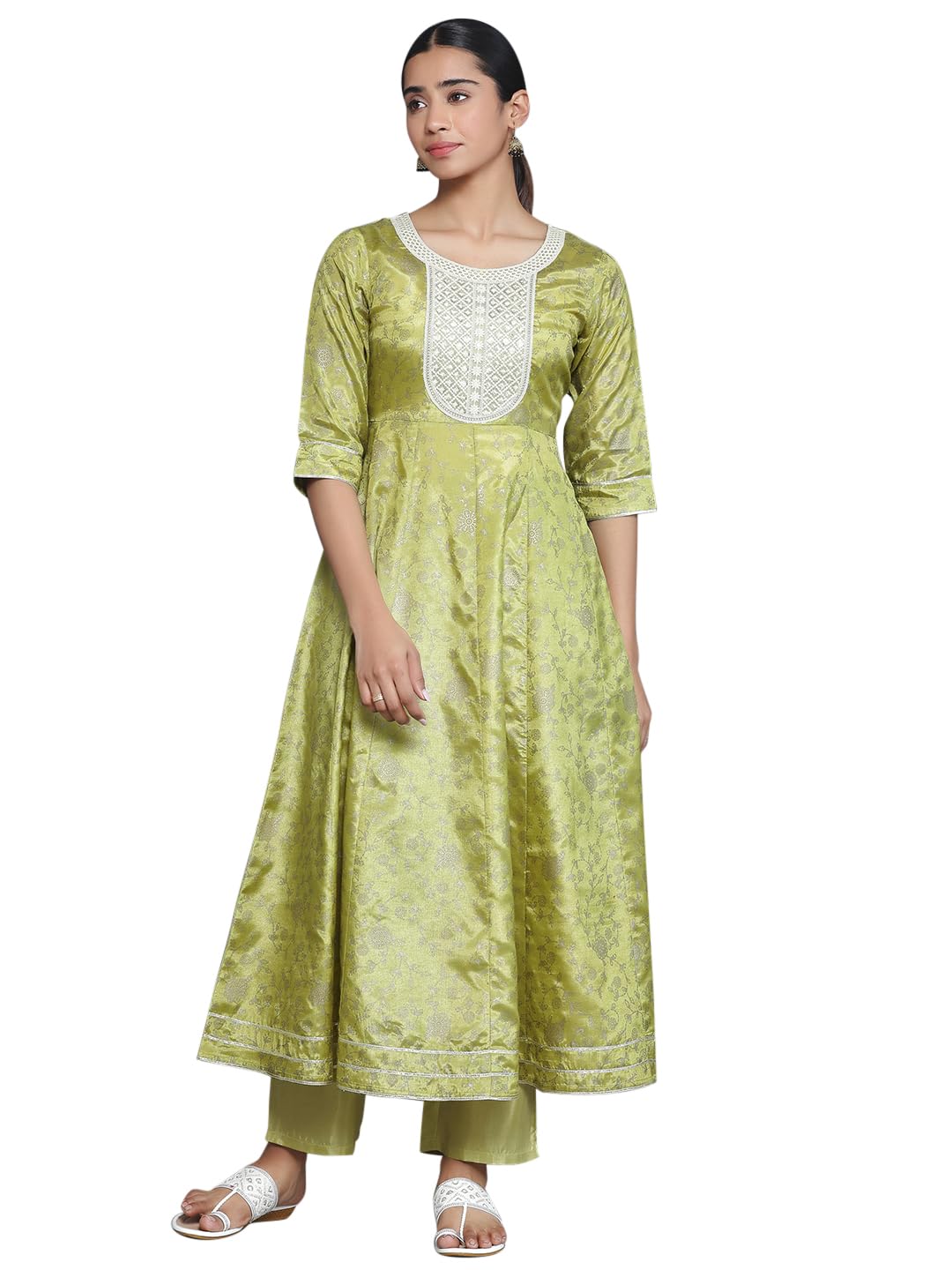 Libas Women Silk Blend Green Printed A-Line Kurta Set With Trousers, Small