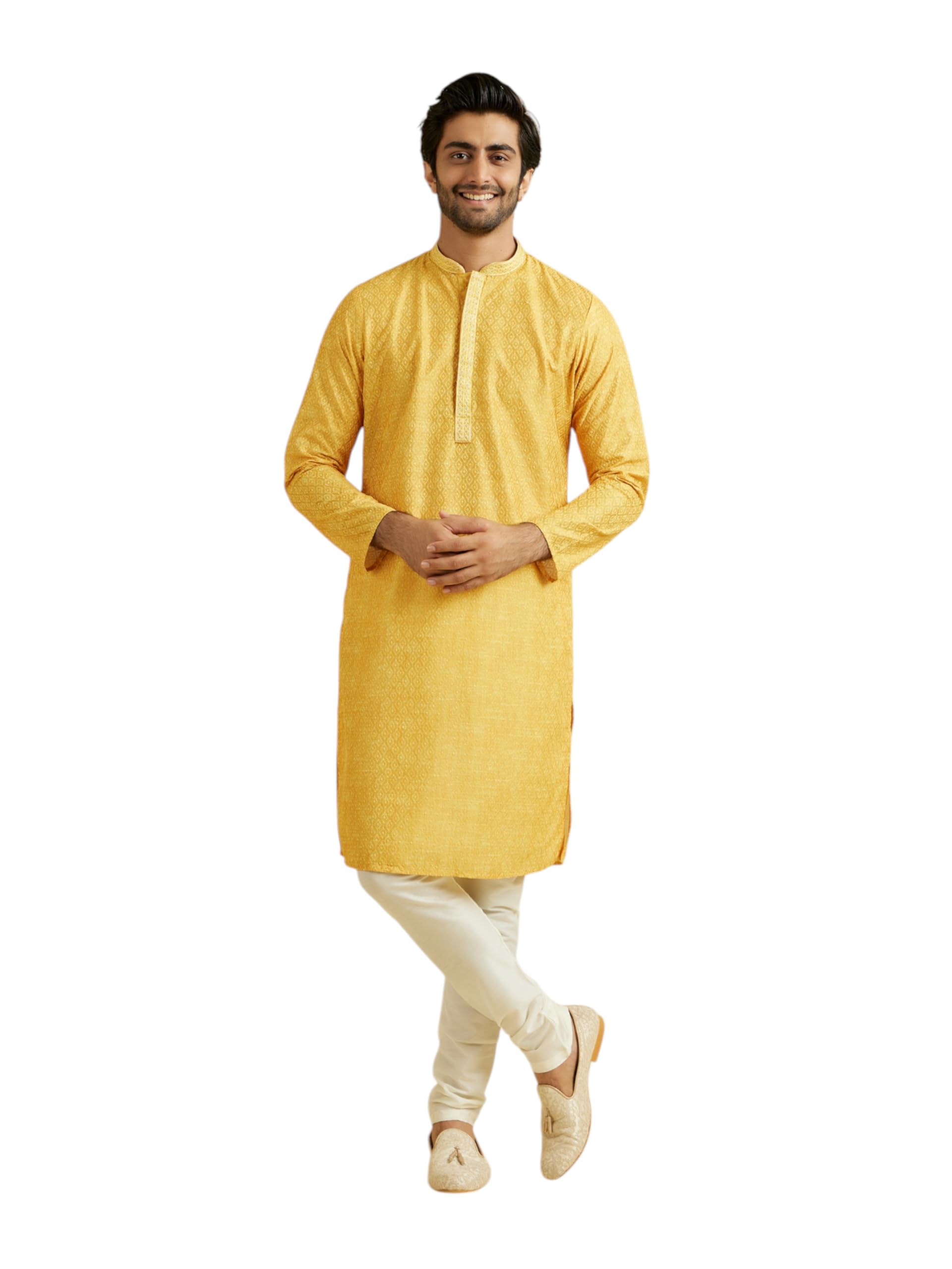 Manyavar Mens Art Silk Embroidery Kurta Churidar Set (Mustard,XL)