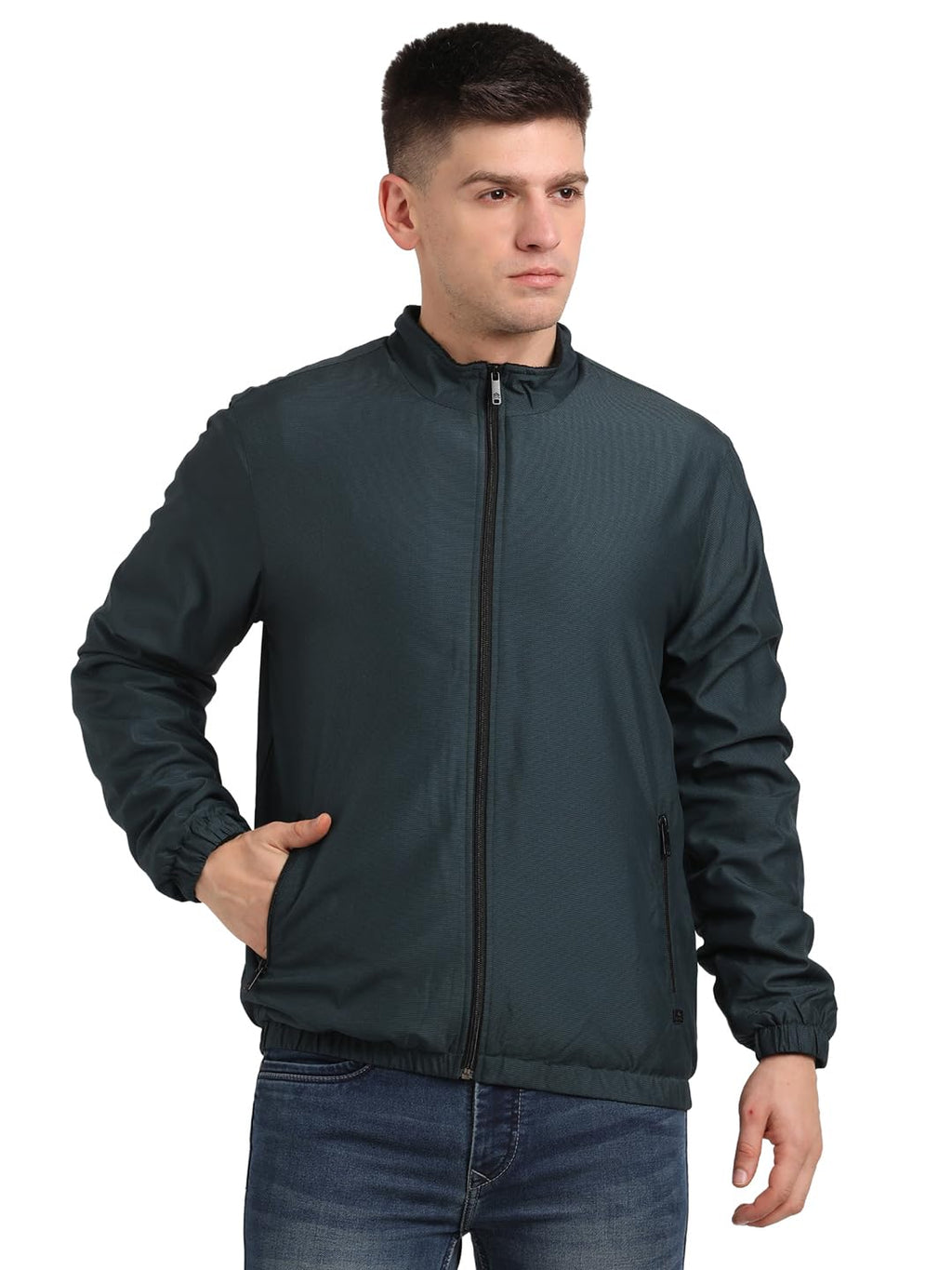 Turtle Men Polyester Solid Dark Green Zipper Windcheater Jacket