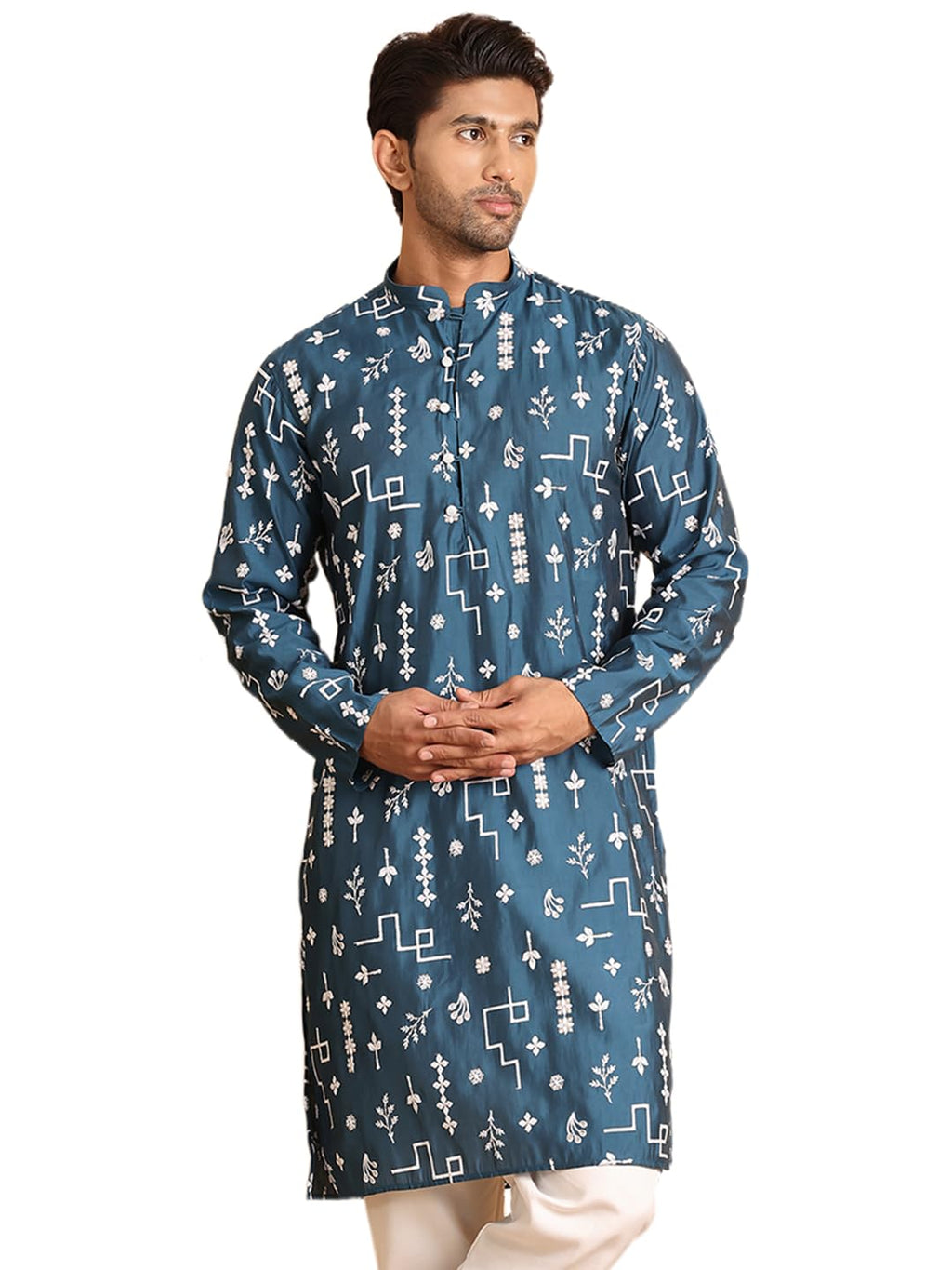 Jompers Mens Embroidered Silk Blend Straight Kurta