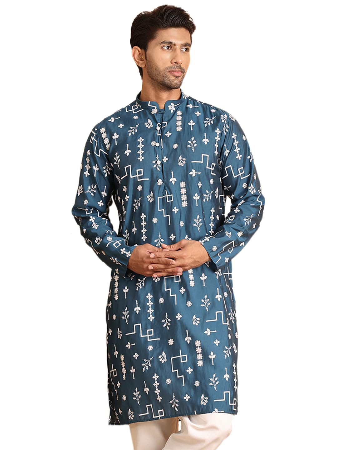 Jompers Mens Embroidered Silk Blend Straight Kurta