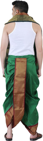 Prakasam Cotton Mens Asha Silk Panchakacham Ready To Wear Dhoti Towel Set With Pocket/Panchakacham Dhoti With Angavastram (Stitc