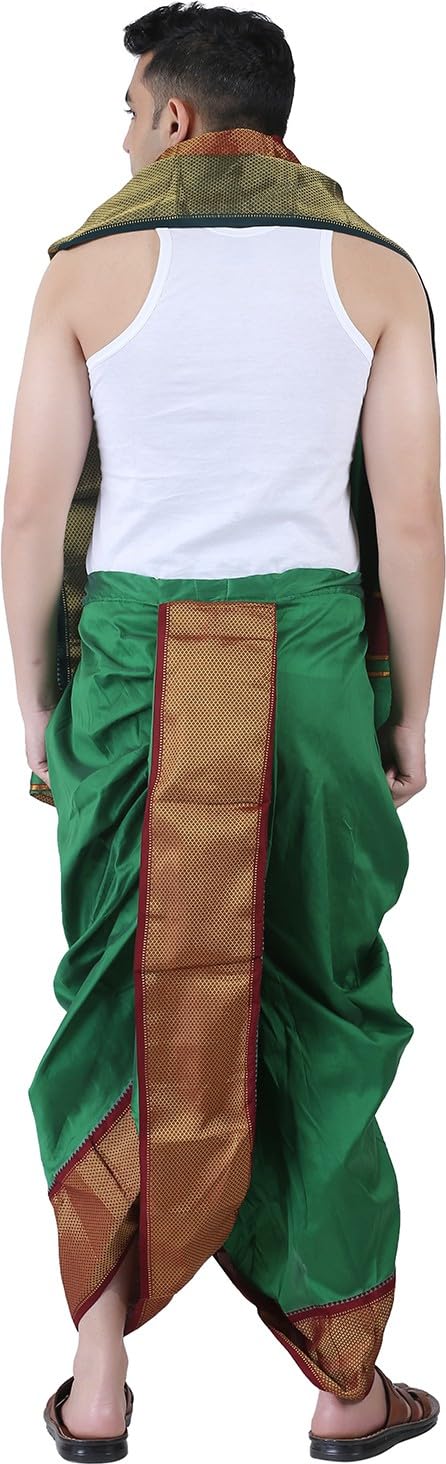 Prakasam Cotton Mens Asha Silk Panchakacham Ready To Wear Dhoti Towel Set With Pocket/Panchakacham Dhoti With Angavastram (Stitc