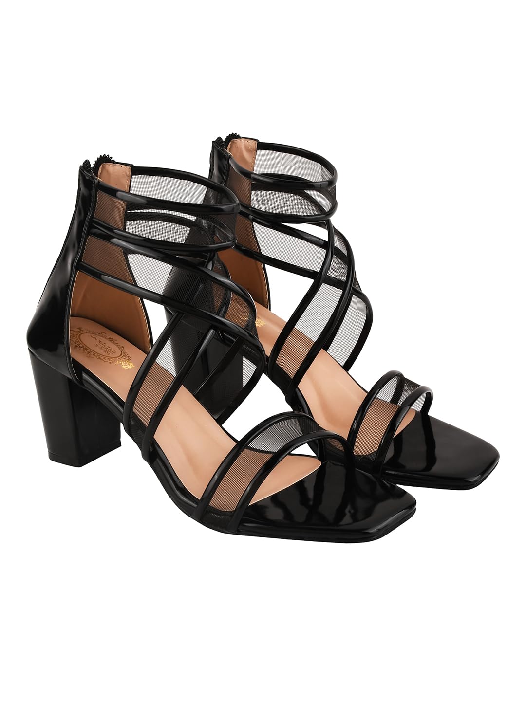 Shoetopia Patent Multi Cross Strap Black Block Heeled Sandals For Women & Girls /UK8
