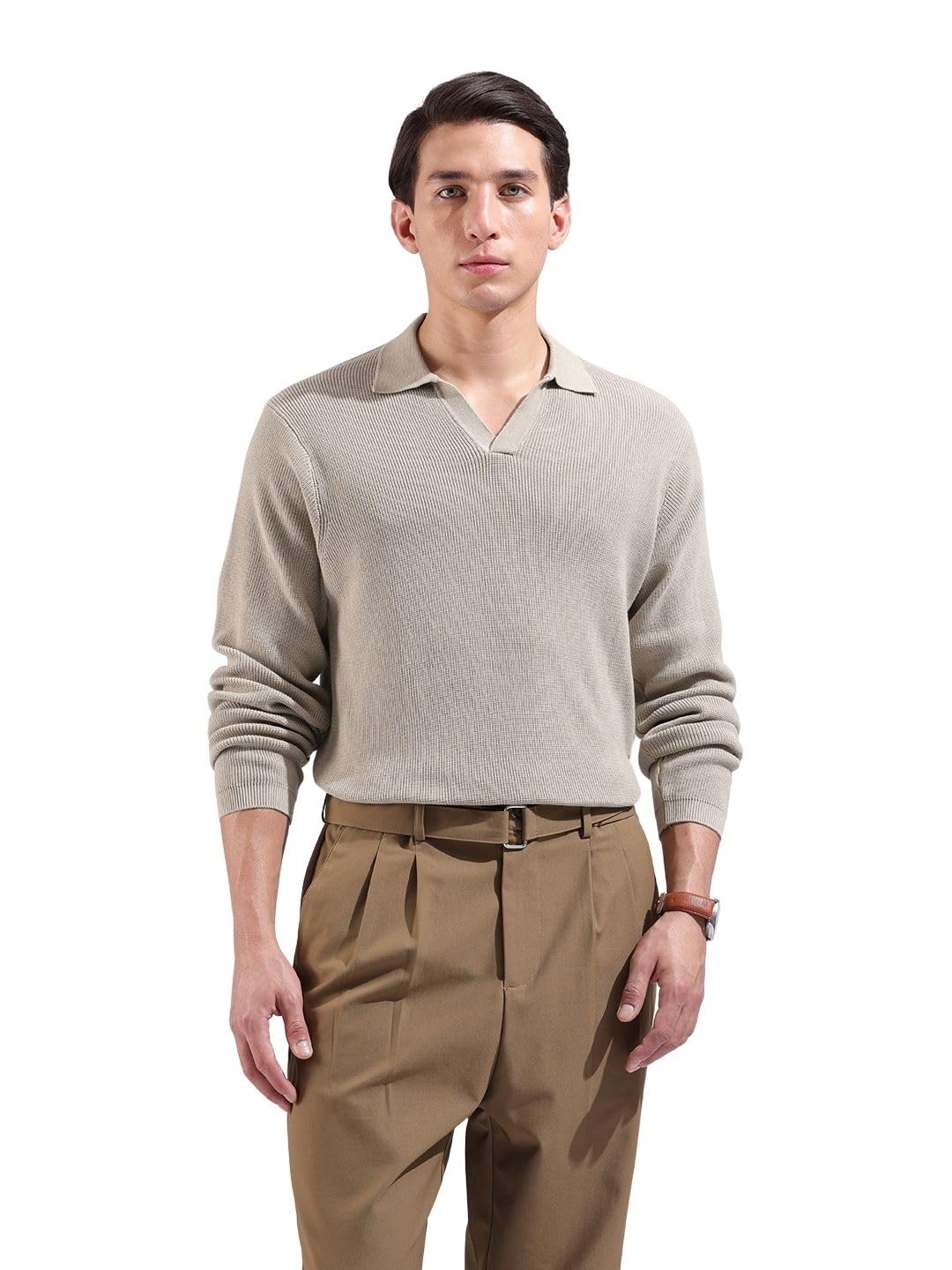 The Indian Garage Co Mens Slim Fit Striped Flatknit Full Sleeves Crew Neck T-Shirt