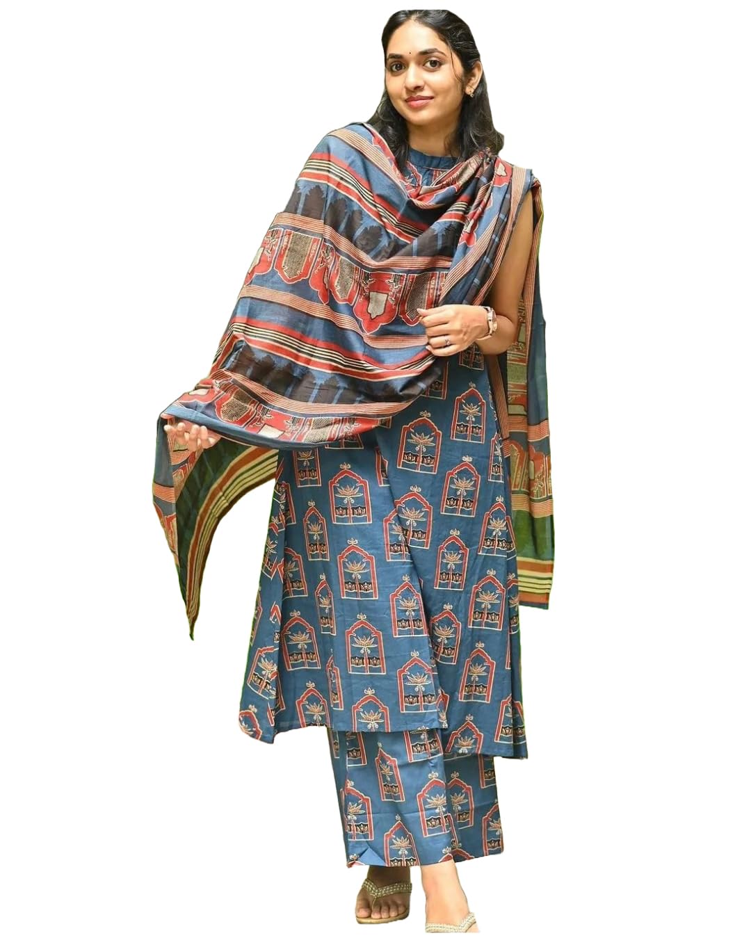 ANNI DESIGNER Womens Rayon Blend Anarkali Printed Kurta with Palazzo & Dupatta (NETHRA Blue_L_Blue_Large)