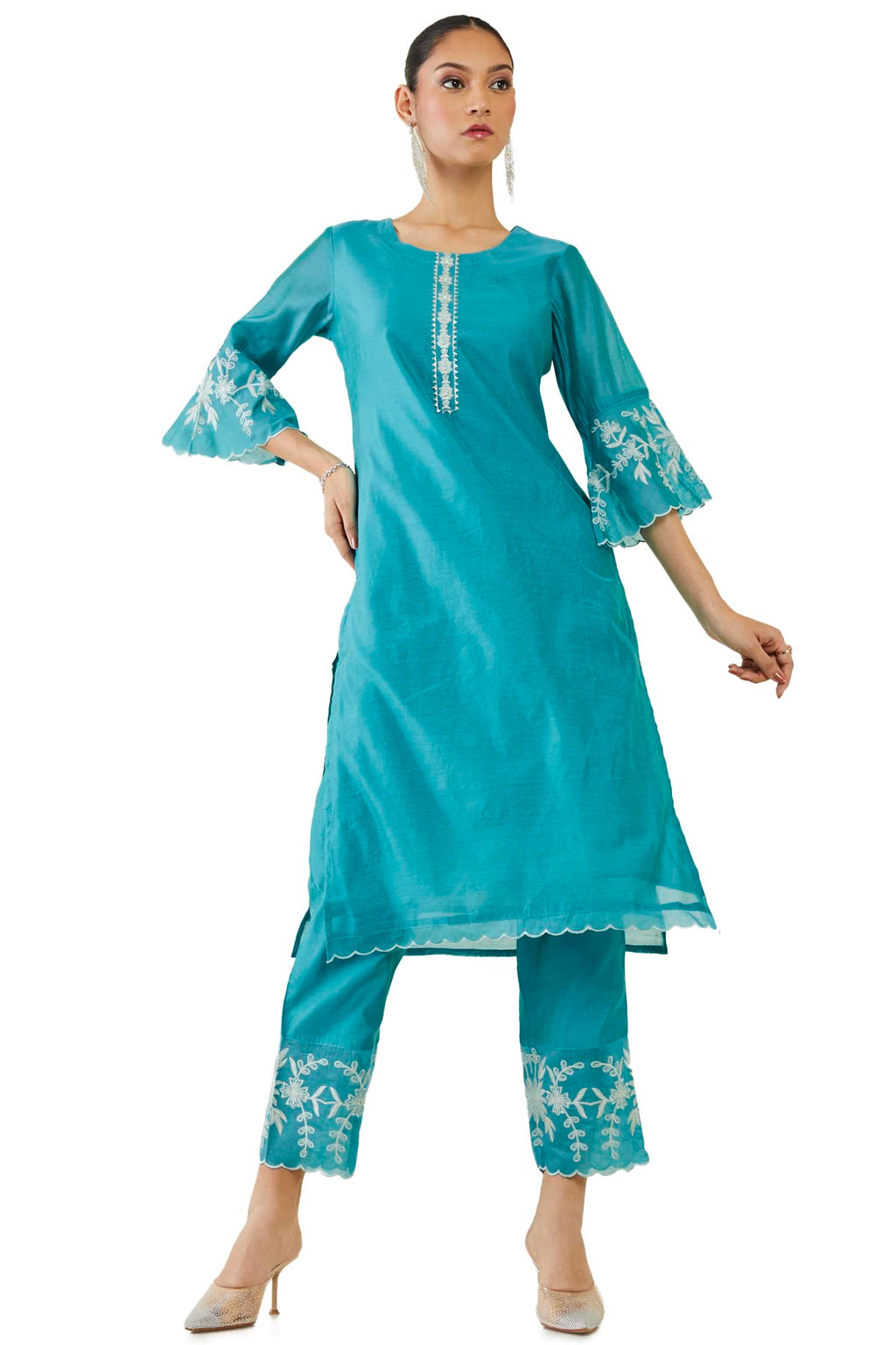 Soch Women Blue Chanderi Solid Kurta Set(Blue_M)