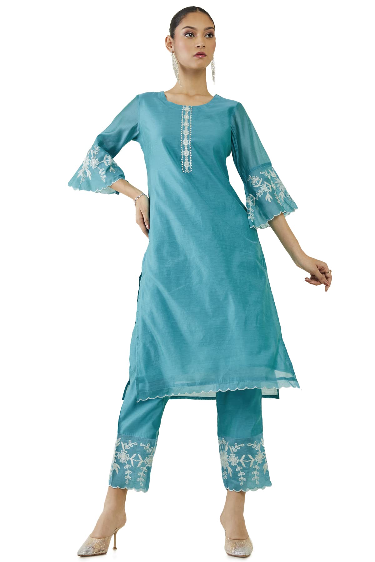 Soch Women Blue Chanderi Solid Kurta Set(Blue_M)