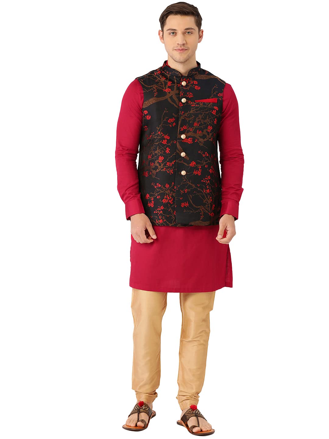 Manyavar Royal Red Kurta With Blue Jacket Set For Men - (Small)_Jast133-306/329