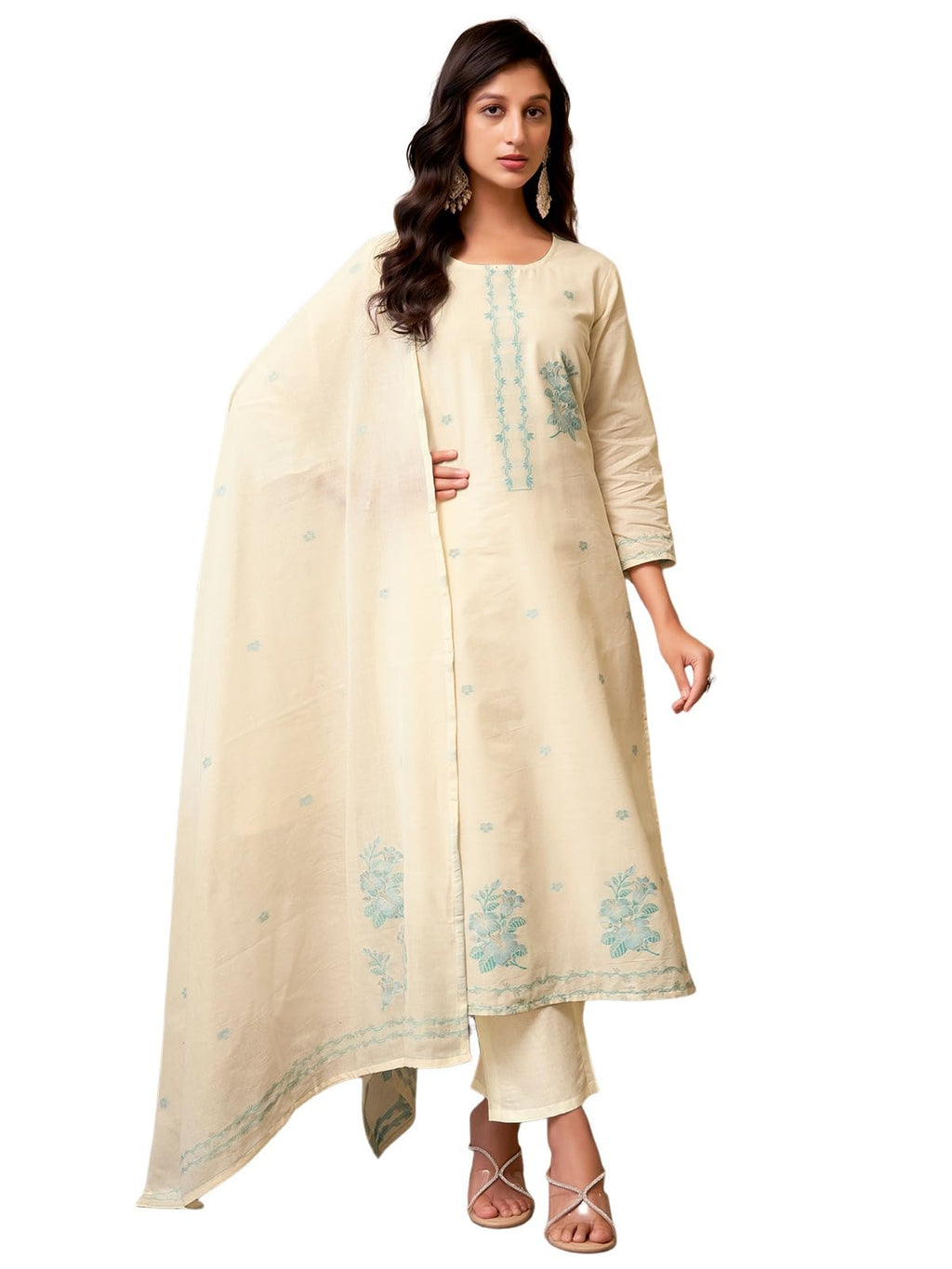 Sanisa Womens Cotton Jacquard Straight Kurta with Pant and Dupatta Set (212KBD2250N-L_Cream & Terquoise10)