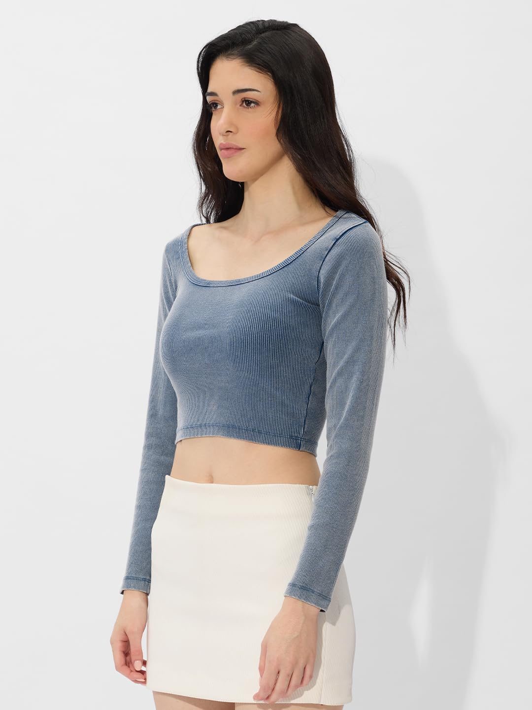 The Souled Store Solids: Acid Wash Blue Women and Girls Long Sleeves Square Neck Cotton Blend Slim Fit Cropped Tops