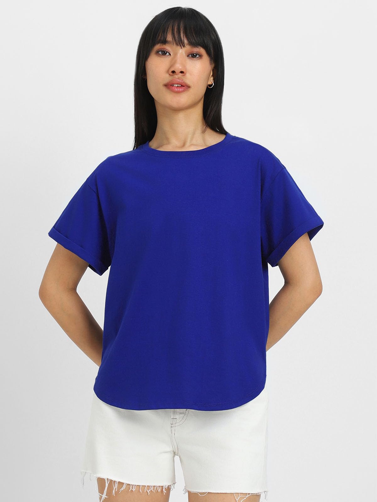 Juneberry Pure 100% Cotton Oversized Loose Baggy Fit Round Neck With Drop Shoulder White & Lilac & Royal Blue Half Sleeves Boyfr
