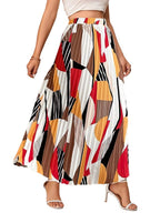 Kzully Polyester | WomenS Long Skirt High Waist Print Pleated Maxi Skirt Regular Fit Casual Long Skirt White-Red