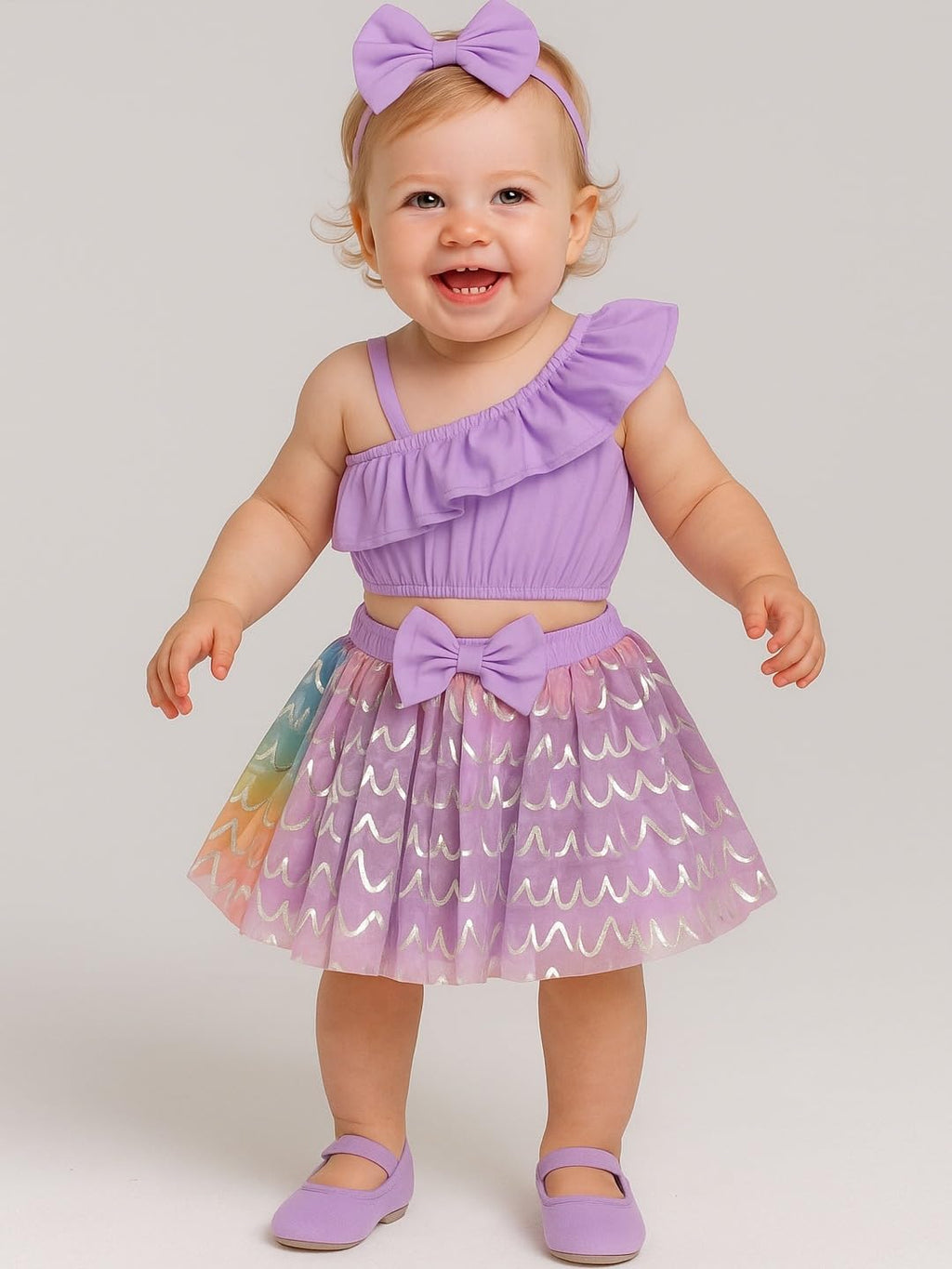 A.T.U.N. (ALL THINGS UBER NICE) Baby Girls One Shoulder Crop Top with Printed Skirt & Matching Headband | 3 Piece Outfit Set