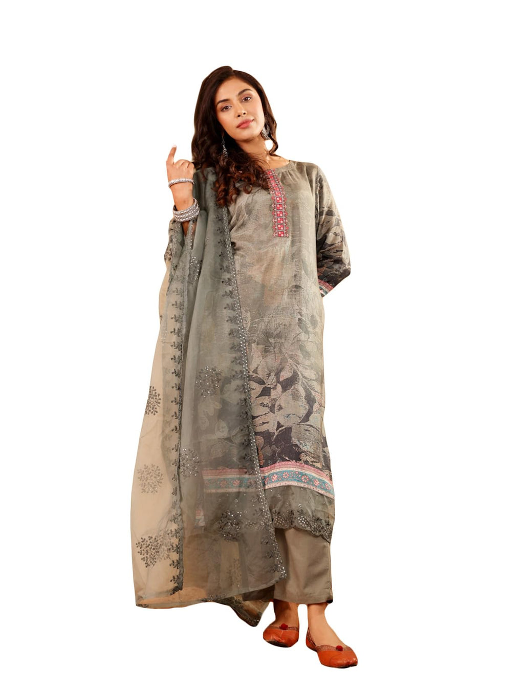 Varanga Women Tonal Floral Printed Thread Embroidered Kurta With Bottom & Sequinned Dupatta  Elegant Ethnic Set