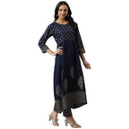 Stylum Women'S Gold Printed Rayon Flared Kurta Pant Dupatta Set (Navy Blue)