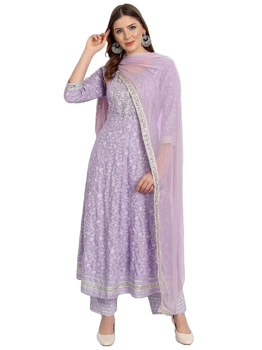 ANNI DESIGNER Ladies Regular Cotton Blend Embroidered Kurta with Trousers and Dupatta, purple, S