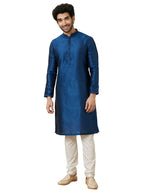 Manyavar Mens Art Silk Self Design Full Sleeves Knee Length Kurta Set (Blue, XL)