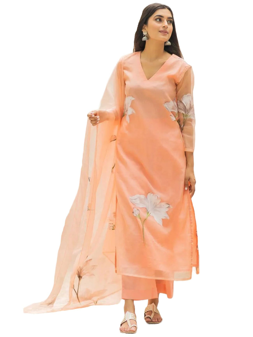 Gosriki Women'S Organza Straight Printed Kurta With Pant & Dupatta (Amoli Peach-Gs_Xxl_Peach_Xx-Large)
