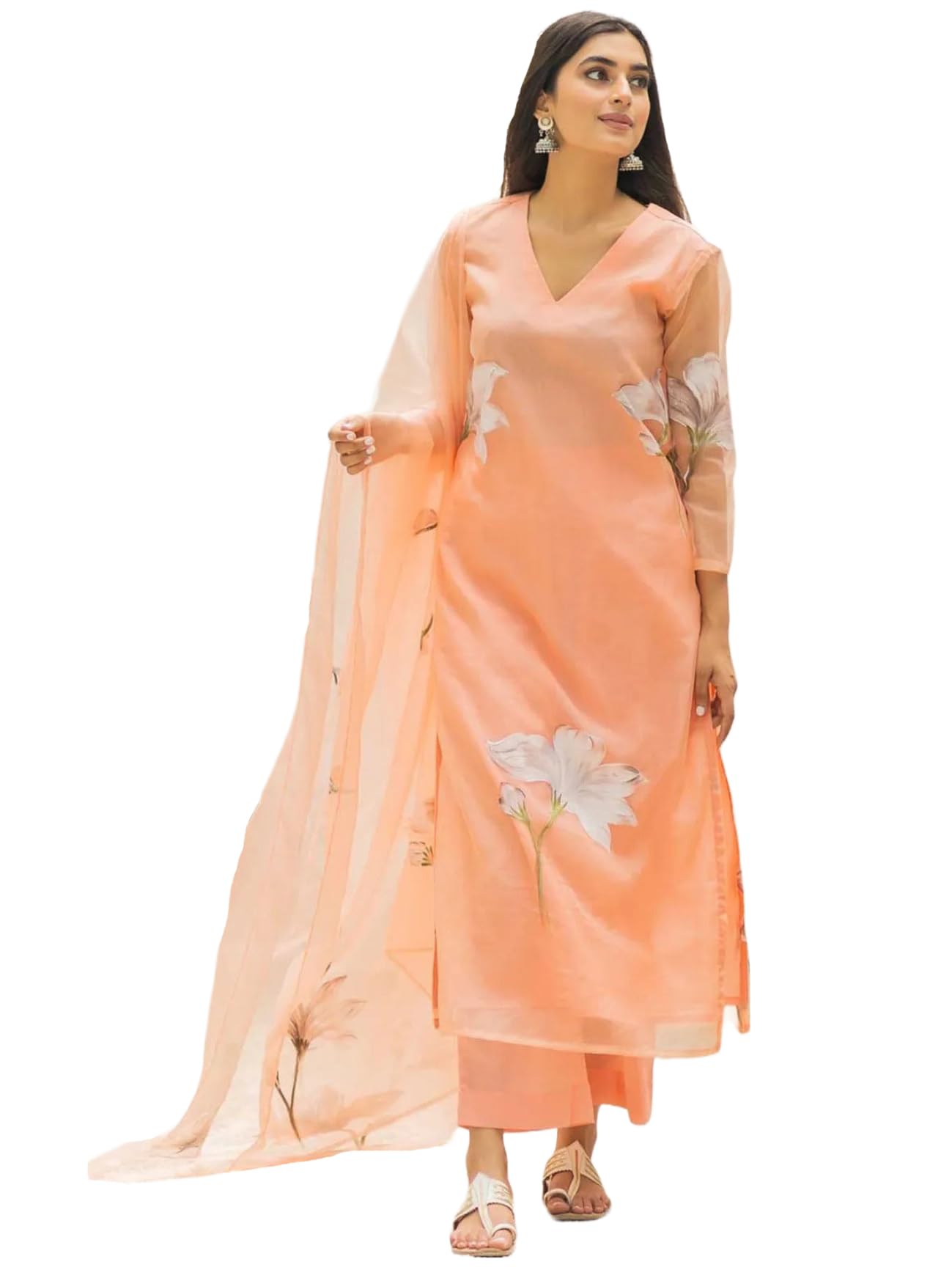 Gosriki Women'S Organza Straight Printed Kurta With Pant & Dupatta (Amoli Peach-Gs_Xxl_Peach_Xx-Large)