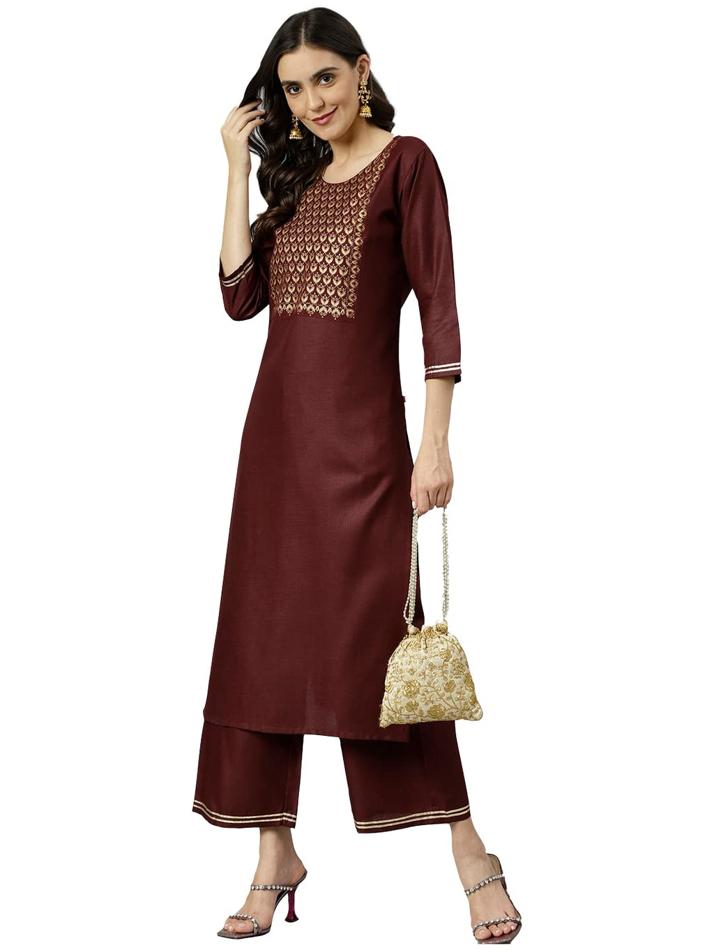 Gosriki Women'S Cotton Blend Printed Straight Kurta With Palazzo (Ridhma Maroon_L-Go_Maroon_Large)