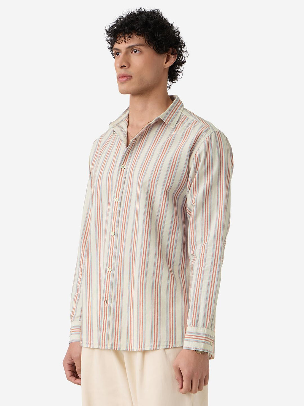 The Souled Store Seaside Stripes Men and Boys Long Sleeves Collared Neck Button Front Beige Regular Fit Cotton Linen Shirts