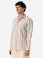 The Souled Store Seaside Stripes Men and Boys Long Sleeves Collared Neck Button Front Beige Regular Fit Cotton Linen Shirts
