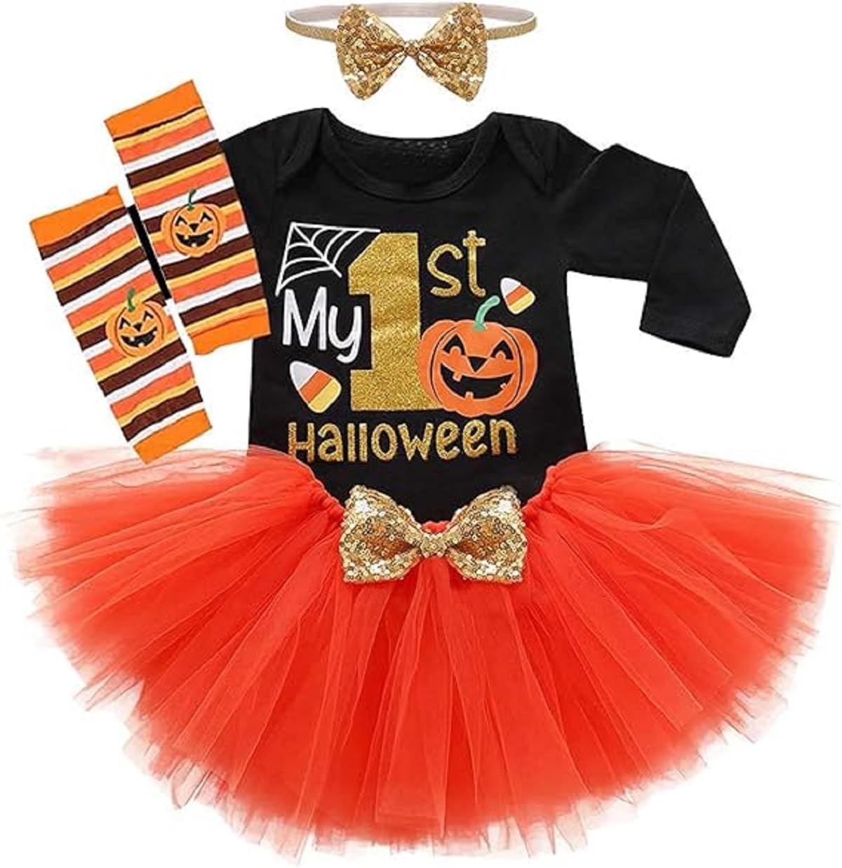 Baby Girls Halloween Outfits Costume My 1st Halloween Romper+ Tutu Skirt+ Striated Leg Warmer+ Bunny Headband 4Pcs Outfit Set (B)
