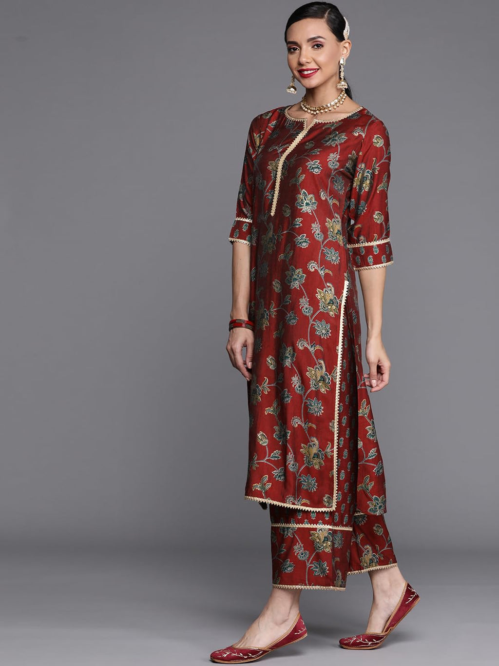 Libas WomenS Silk Blend Kurta Sets (20258O_Maroon