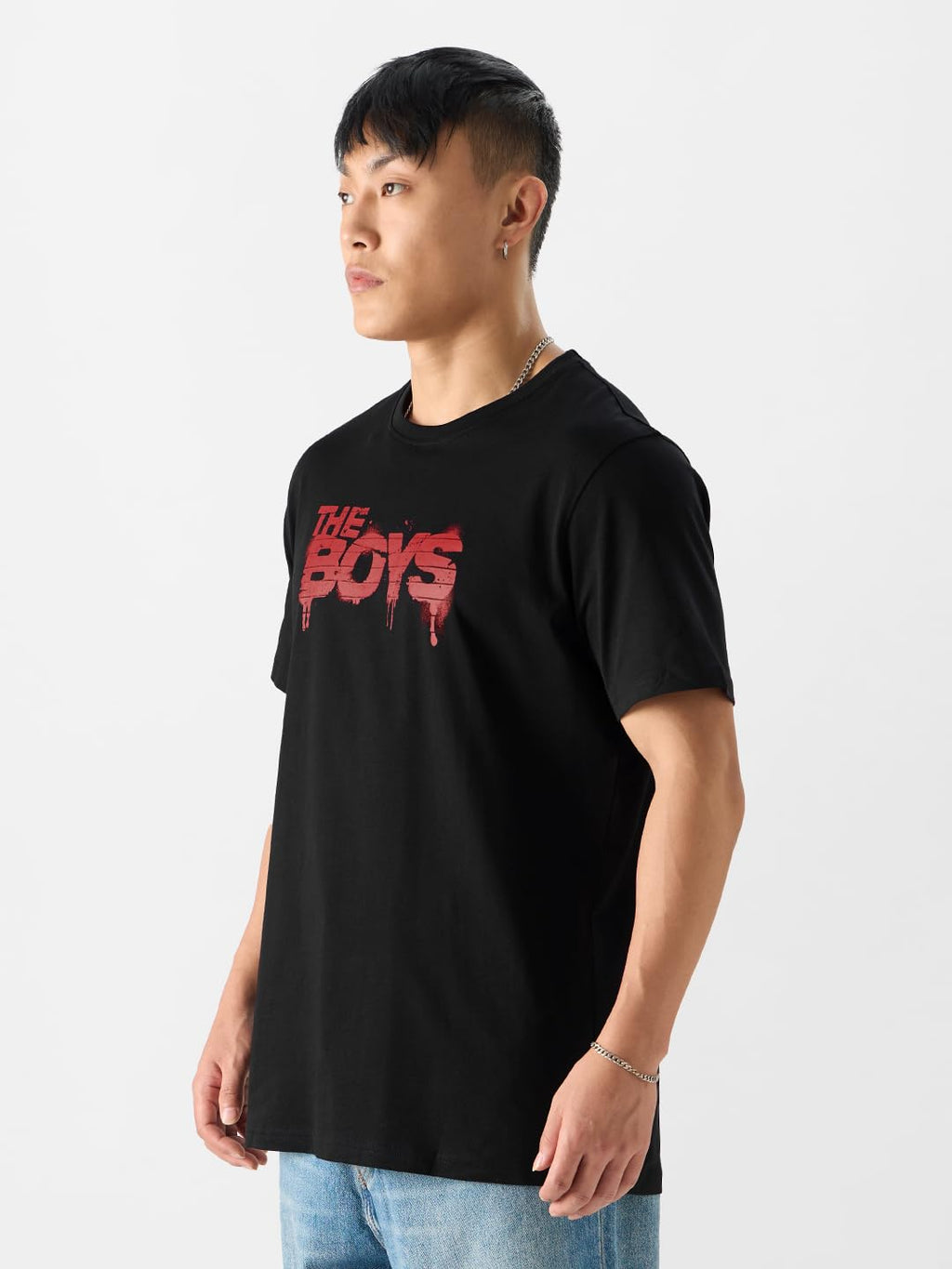 The Souled Store Official The Boys: Logo Men and Boys Short Sleeve Round Neck Black Graphic Print Relaxed Fit T-Shirts Mens Loo