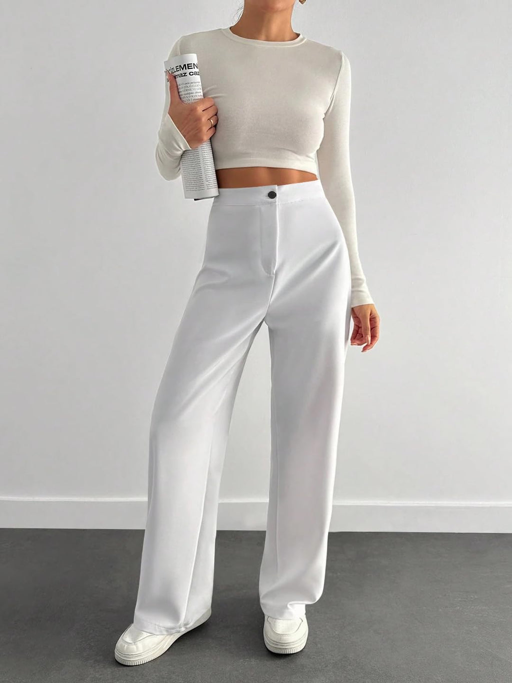Toochki High Waist Trousers for Women  Korean Style Formal Pants | Elegant Workwear for Office, College & Events White