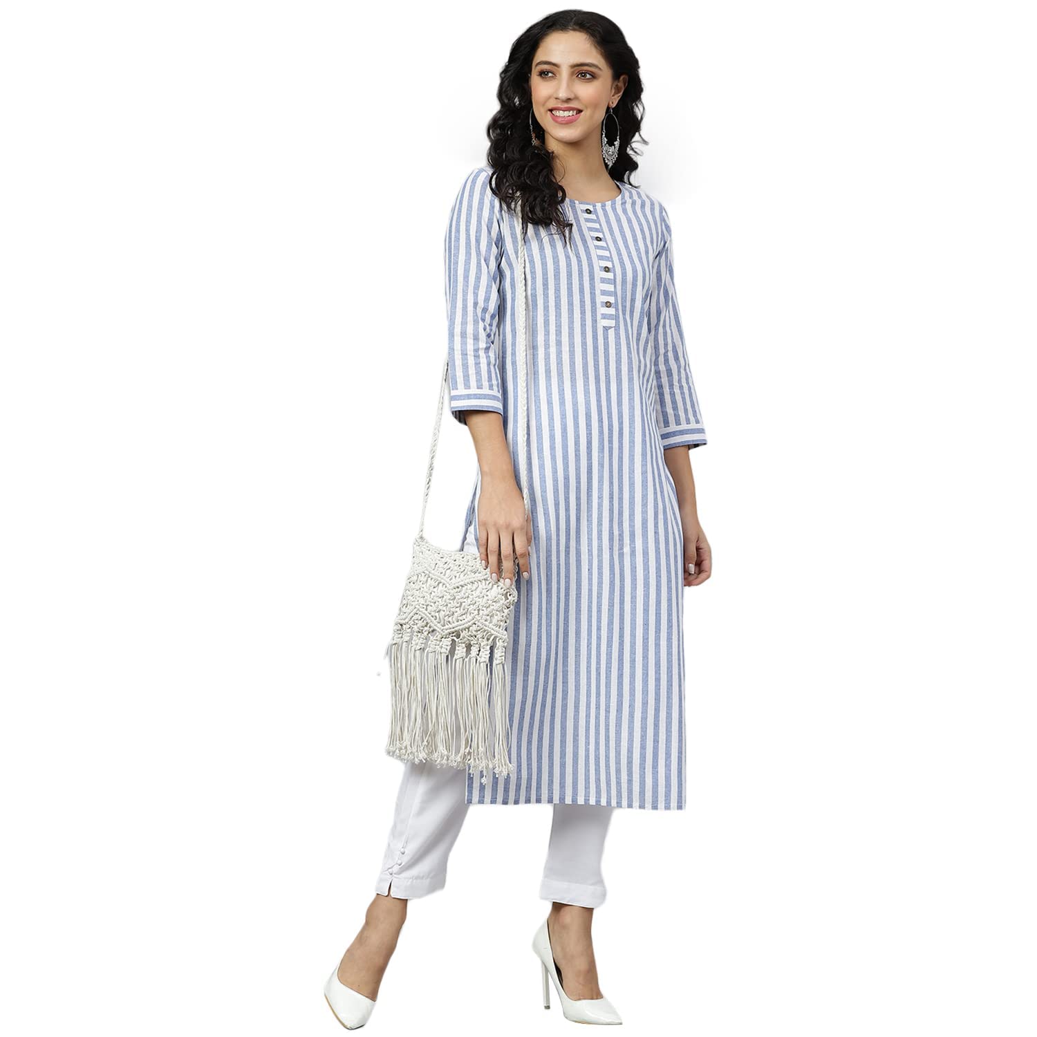 Gosriki Women'S Pure Cotton Printed Straight Kurta (Line Blue_New_Xxl-Go_Blue_Xx-Large)