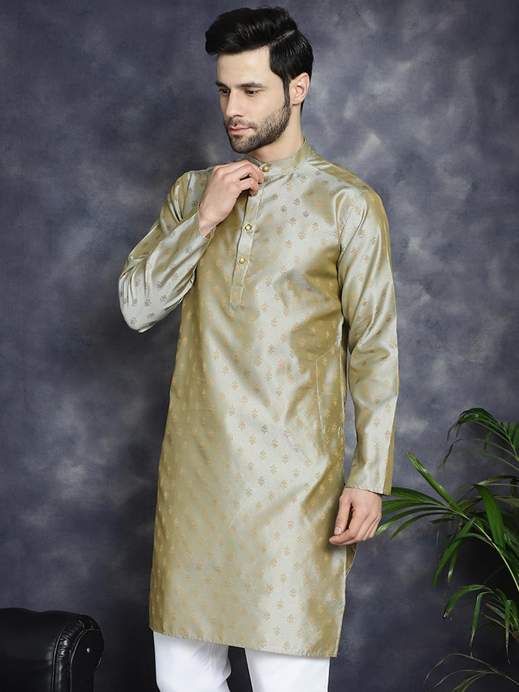Jompers MenS Pista Woven Design Silk Blend Kurtas (Pista, S)