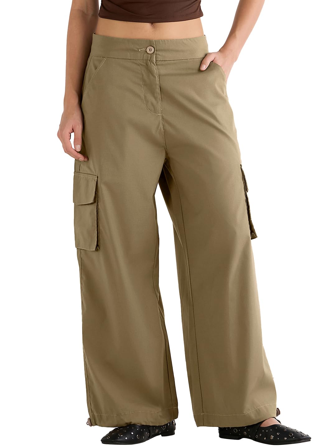 Bewakoof Womens Solid Oversized Fit Cotton Pant_649982_Brown_34