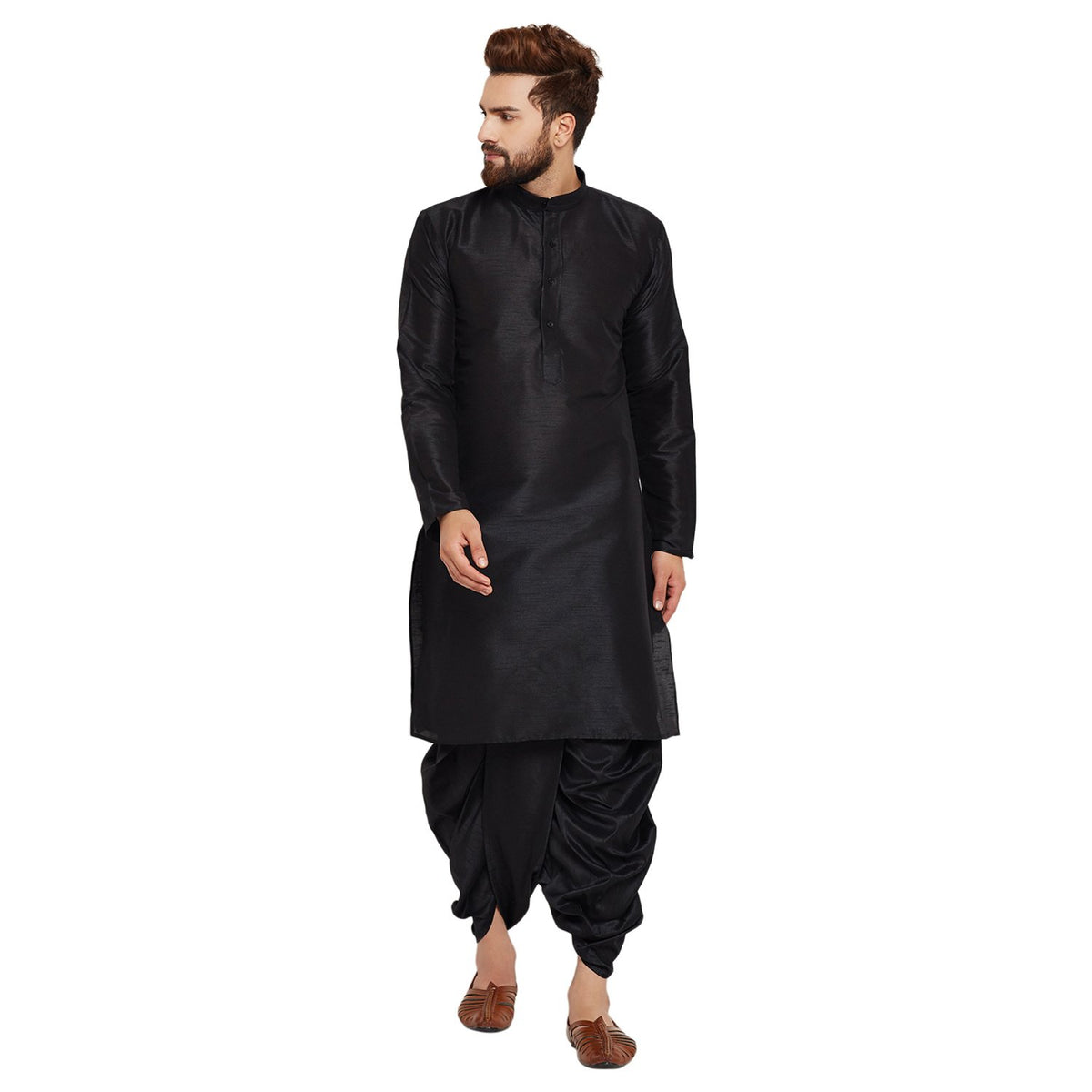 SOJANYA (Since 1958 Mens Black & Black Silk Dhoti Kurta Set, Size: XL