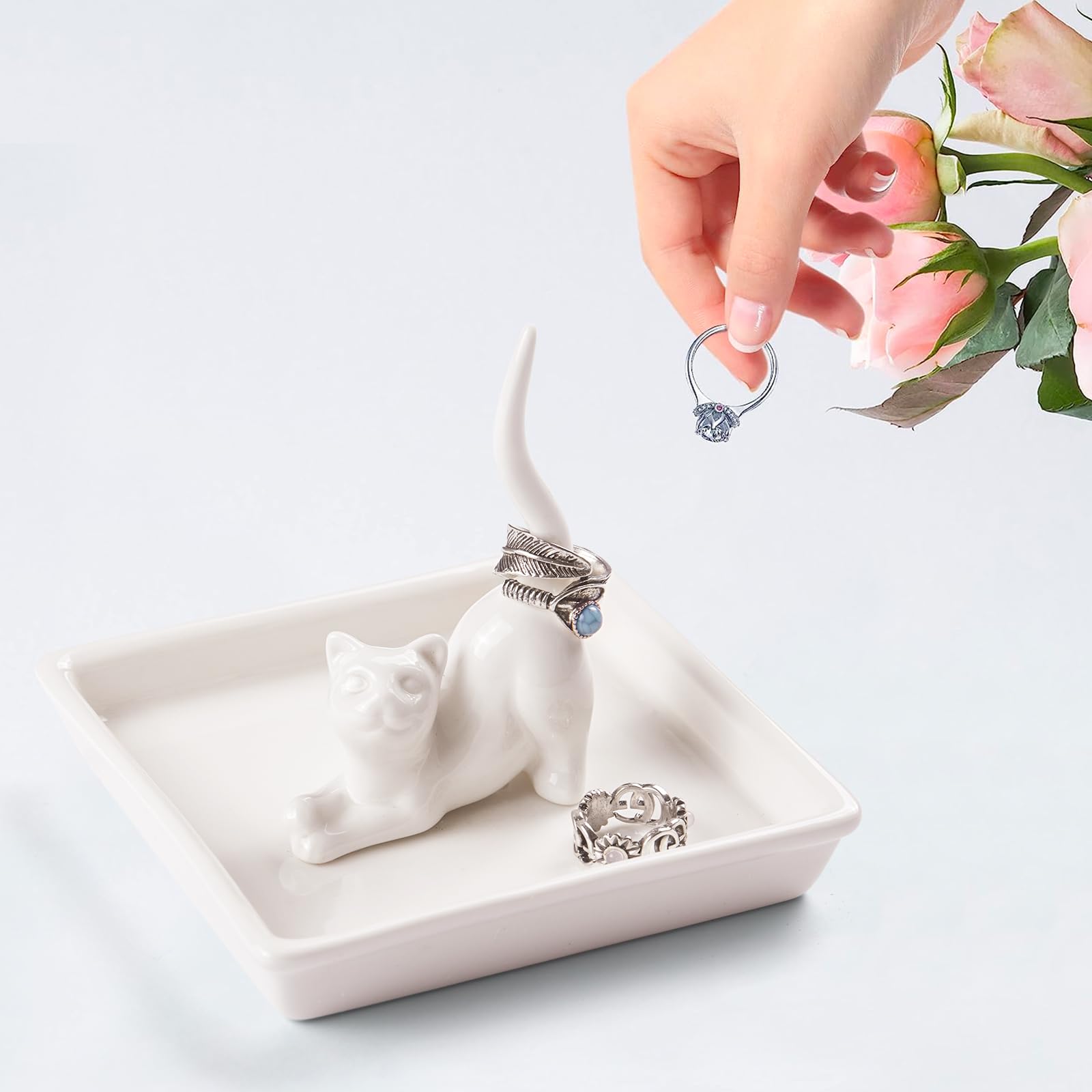 PUDDING CABIN Cat Mom Gifts for Women, Cat Ring Holder for Jewelry, Jewelry Tray Dish Rings Bracelets Earrings Trinket Tray, Cat