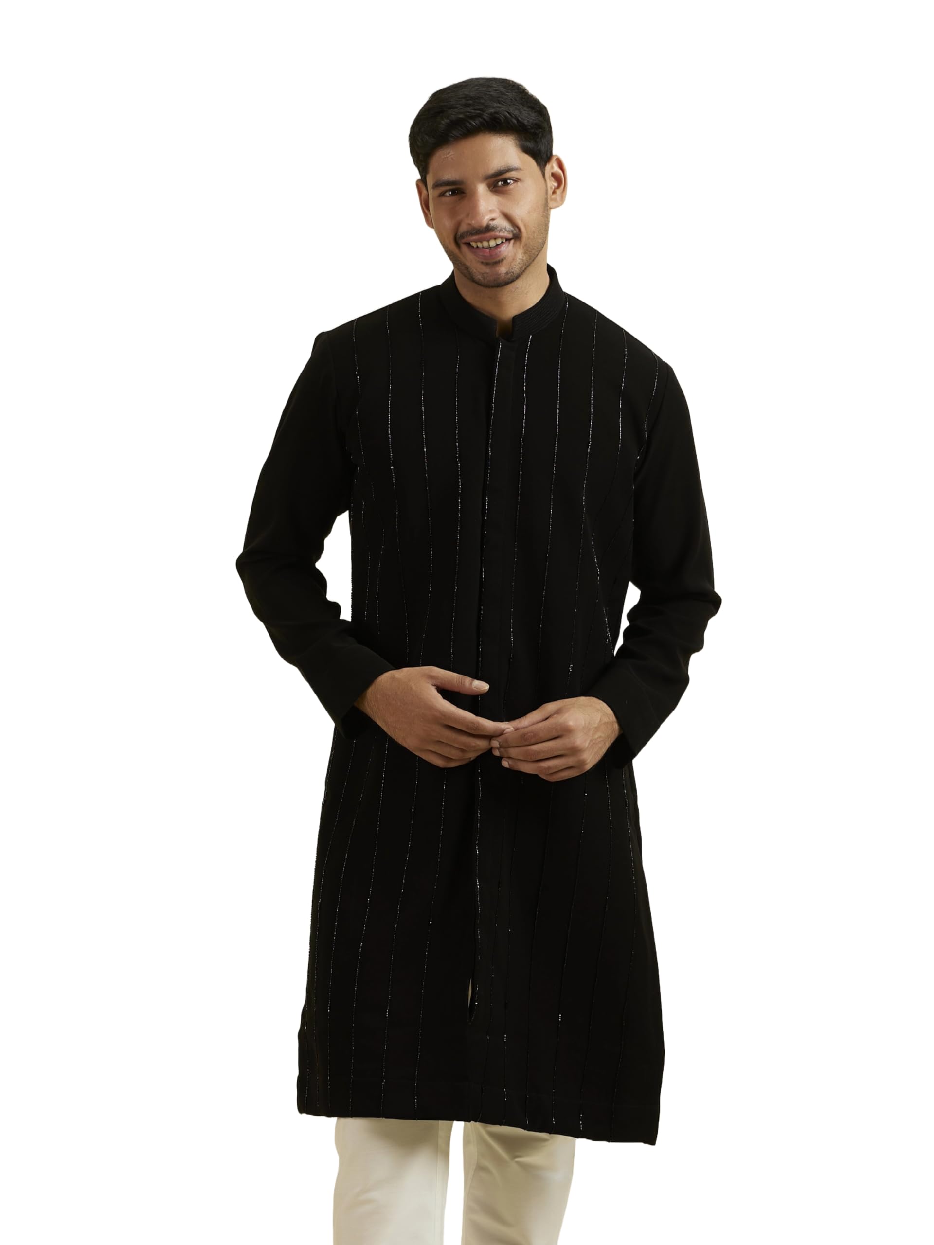 Manyavar Mens Rayon Blend Hand Embroidered Long Kurta (Black,XXL)