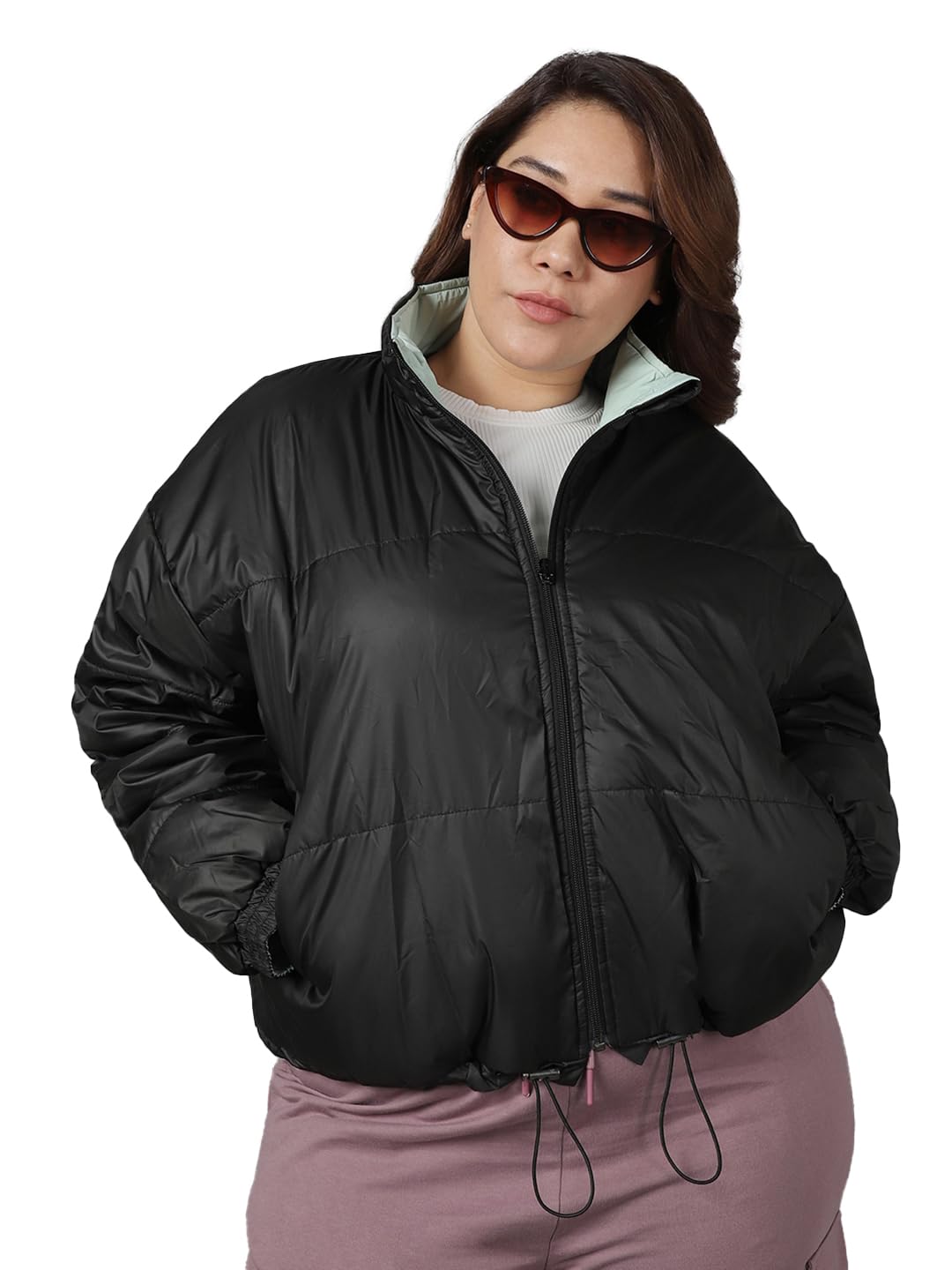 Bewakoof WomenS Solid Oversized Fit Full Sleeve Collared Neck Nylon Plus Size Jacket 596271 Black 3Xl